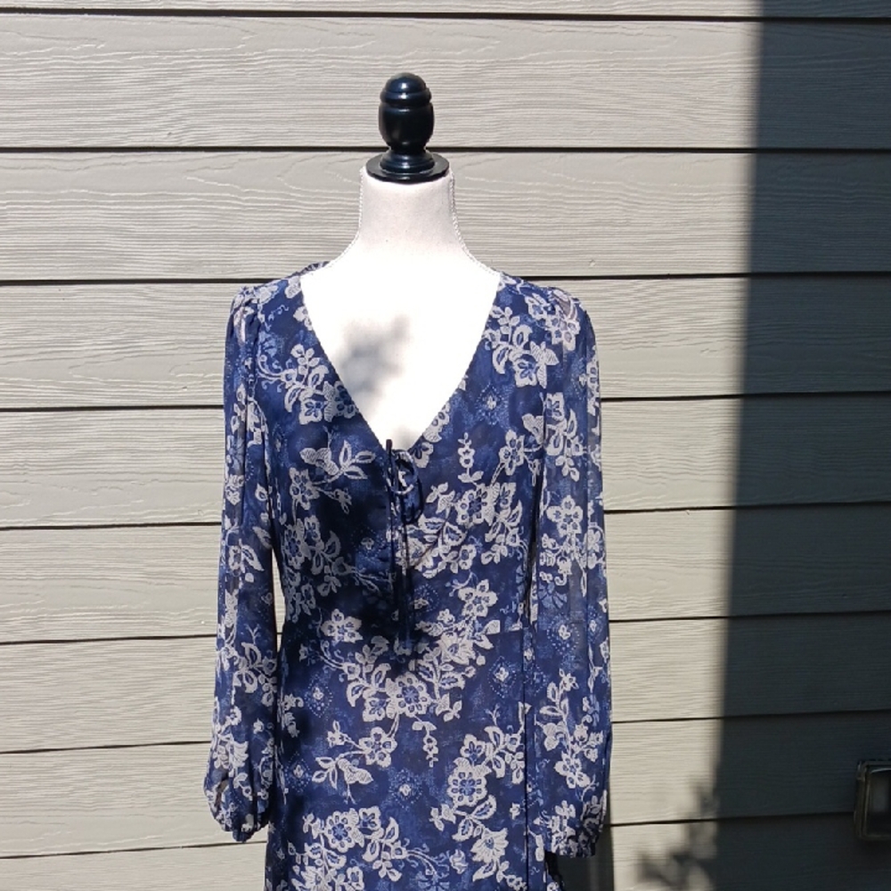 Mango Blue and White Tiered Ruffled Maxi Dress